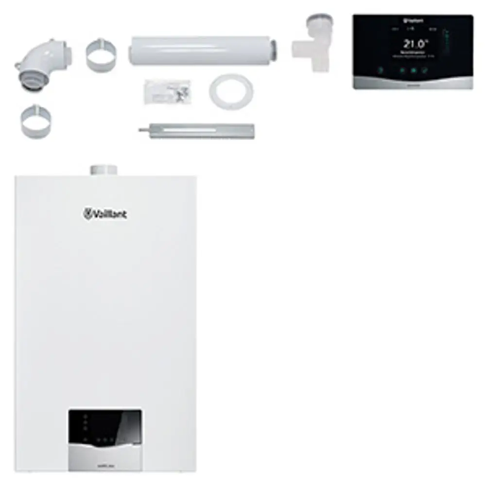 Vaillant Heizgerät in weißer Box, umgeben von Zubehörteilen wie Rohren, Adapter und einer digitalen Steuerungseinheit zur Regelung der Temperatur.